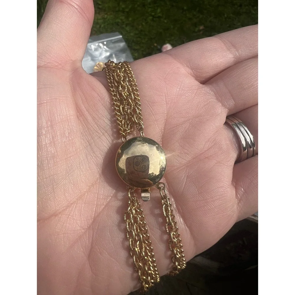 Vtg Gold Tone Multi Strand Layered Chain Necklace Sliding Orb Clasp‎ Retro Chic